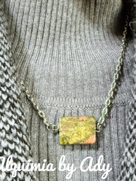 Alquimia Jewelry - Huge Unakite SQUARE silver pendant necklace BOHO EARTHY+NEUTRAL